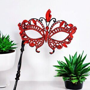 Red Masquerade Mask, Crystal Handheld Mask, Black Mask with Stick, Venetian Mask